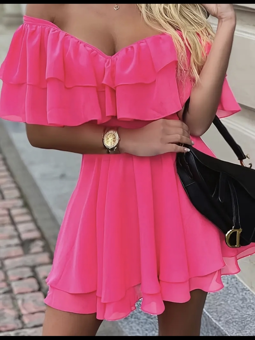Off-Shoulder Ruffle Mini Dress - Hot Pink